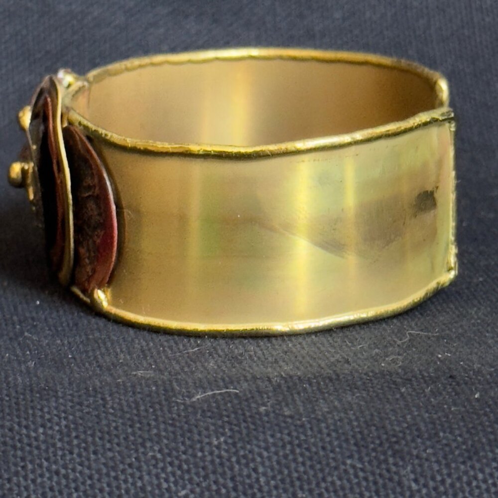 South African Hand-crafted Brass Cuff Bracelet Abstract Red Gold Metal Accents - Picture 7 of 13